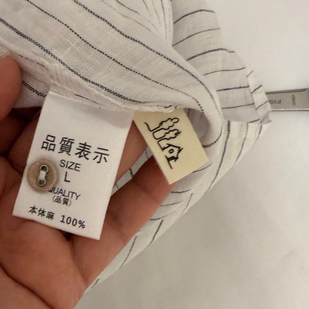 100% linen Striped White and Brown Button-Up Shirt - Picture 11 of 11